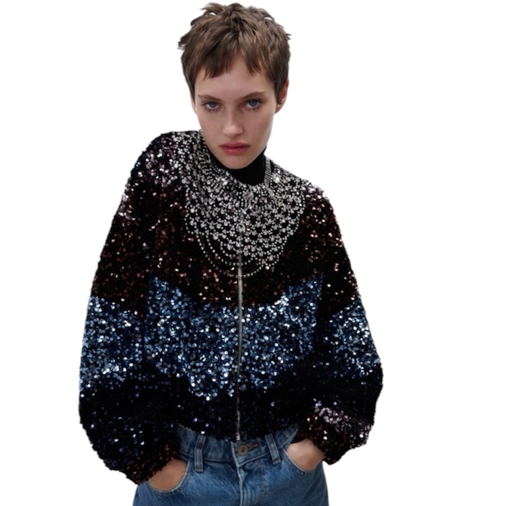 ZARA SEQUIN BOMBER JACKET M MULTICOLOR ZIP UP